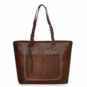 Weimeibeige | Women’s Brown Vegan Leather Tote Bag w/ Embroidered Thread
